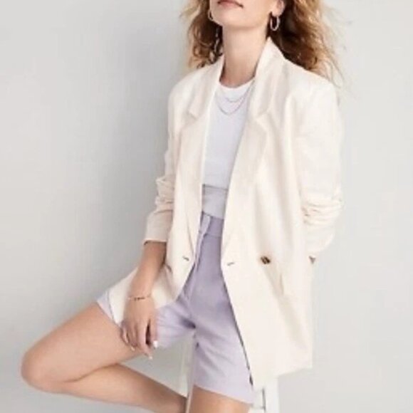 NWT OLD NAVY double breasted linen blend blazer in cream (S) - Picture 1 of 4